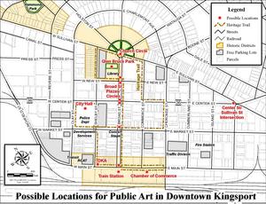 Possible sites for public art in downtown Kingsport.  See close-up of map below.