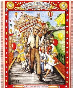 Robert Porterfield was depicted as "The Pied Piper of Abingdon" in the signature art for the Virginia Highlands Festival's 50th anniversary. Art by D.R. Mullins of Shady Valley, Tenn.