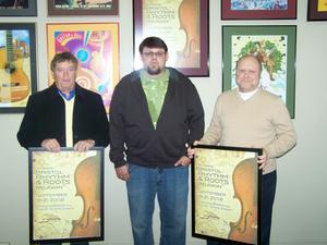 Left to right: Fred Bowman, Bristol Virginia City Council, Chad Carpenter, designer of this year's Rhythm & Roots Reunion poster, and Joel Staton, Bristol Tennessee City Council.