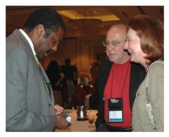 Talking with Bill Strickland, left, are Johnson City's Ed Gerace, chair of the Tennessee Arts Commission, and Gerace's wife, Jennie.