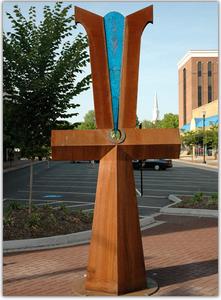 Artist and philanthropist Alice Frederick purchased and donated "Sky Wedge" to the City of Kingsport. The sculpture is at the intersection of Broad and Center Streets. (Photo contributed by Kingsport Cultural Arts Division) 