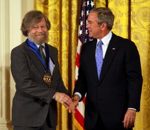 President George W. Bush, right, presented the 2007 National Medal of Arts to composer Morten Lauridsen - one of only eight classical composers ever to receive the honor. The award recognized Lauridsen for "his compositions of radiant choral works combining musical beauty, power, and spiritual depth that have thrilled audiences worldwide." (Photo by Michael Stewart for the National Endowment for the Arts)