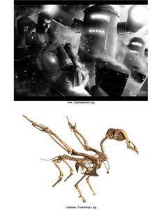 At top, Alex Cox's "Captain Quantum," one of the concept art pieces designed for a game story. Below that is Jodi Crabtree's illustration of a gryphon skeleton, her creation of a flight-capable six-limbed creature.
