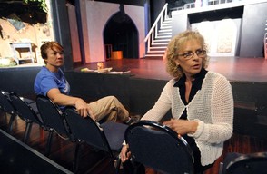 Gwendolyn Arnold, president of Theatre Bristol's board of directors, talks Wednesday afternoon about the community theatre's financial woes as executive director Emily Anne Thompson looks on. (By Andre Teague|Bristol Herald Courier)