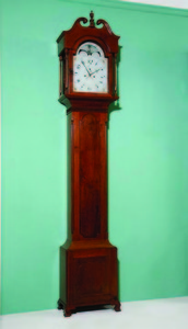 Valentine Baugh's incised signature and a date can be seen on the metal works in the tall case clock, possibly the only local example of his signed work. 