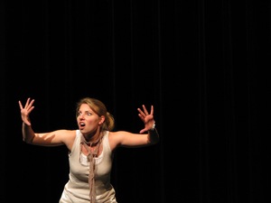 Hannah Harvey, a storyteller from Northeast Tennesse, performs in the ampitheater of the McGlothlin Center for the Arts during the college's literary festival that is  held Oct. 8 and 9.