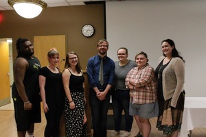 From left, 2016 Curtis Owens Literary Prize award winners Tyler Brown, Sarah Holly, Jennie Frost, Judge Eric Lundgren, Emily Waryck, Emily Watson and Austen Herron.