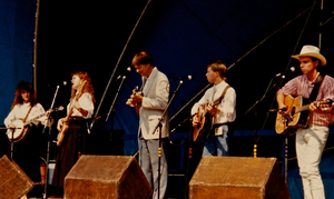 Kenny Chesney (far right) performs with the ETSU Bluegrass Band at the International Bluegrass Music Association's "World of Bluegrass" festival, Owensboro, Kentucky, 1990.  Other band members from left to right are Beth Stevens (banjo), Stephanie Cole (bass), Jack Tottle (mandolin), Marcus Smith (guitar).  (Photo by Rebecca Hilton)
