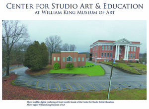 The building on the left is a digital rendering of the front (south) facade of the Center for Studio Art & Education. On the right is the present William King Museum of Art (right) 