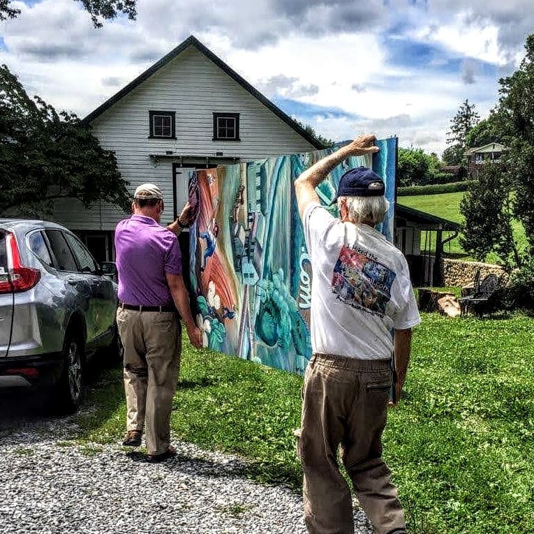 Postage Stamp Mural- ?The Farmer,? being installed at the Shelton House, courtesy, Appalachian Mural Trail