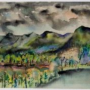 Joseph Fiore, Black Mountain Lake Eden, 1954, watercolor on paper, 13 ? × 18 inches. Asheville Art Museum. © Estate of Joseph Fiore / The Falcon Foundation.