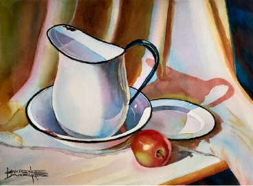 One of Lawrence Danecke's transparent watercolor paintings "Apple and Graniteware" to be exhibited at                Mason House Gallery.